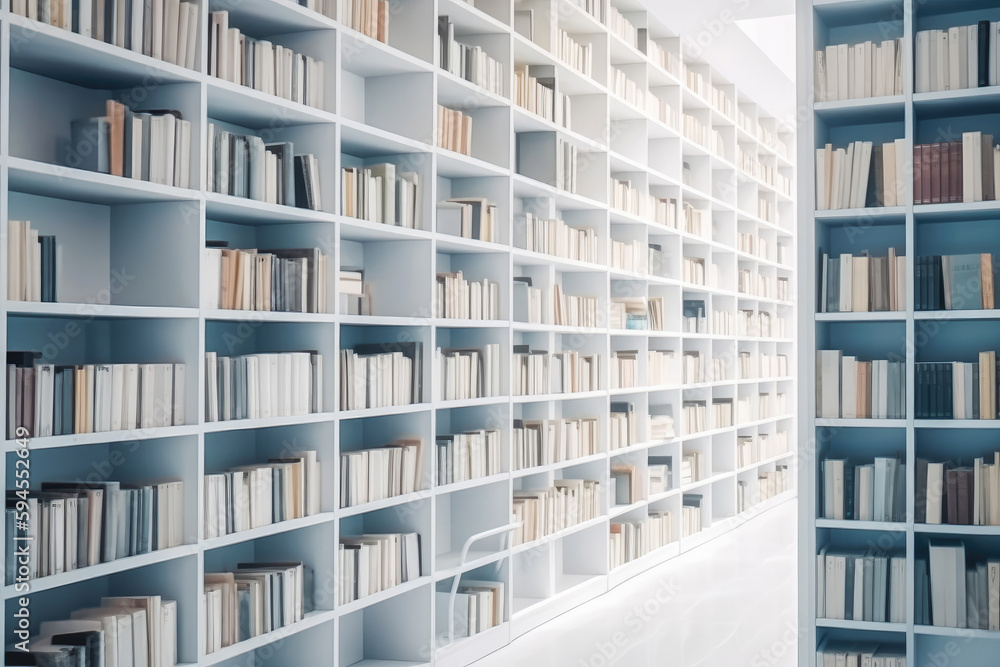 Interior view of the municipal library. White background, clean and modern building. Open space library with chairs and tables. Generative AI. Interior view of the municipal library. White background, clean and modern building. Open space library with chairs and tables. Generative AI.