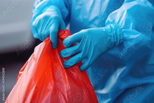 Scientist wearing blue gloves and red bag with bio hazardous waste. Professional taking care of medical waste. Generative AI.