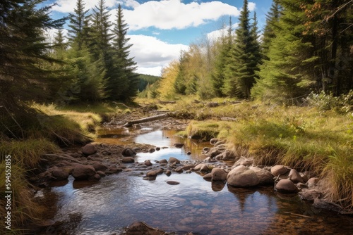 babbling brook with forest and mountain views in the background, created with generative ai