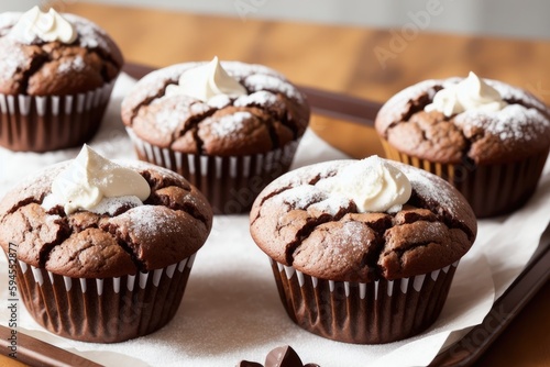 Delicious chocolate muffins with sugar powder  on dark background  generative ai  selective focus
