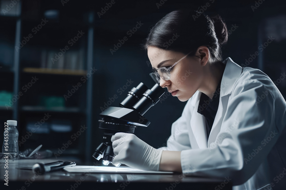 Professional smart woman working in the laboratory looking at samples through microscope. Doing analysis and working. Generative AI. Professional smart woman working in the laboratory looking at samples through microscope. Doing analysis and working. Generative AI.