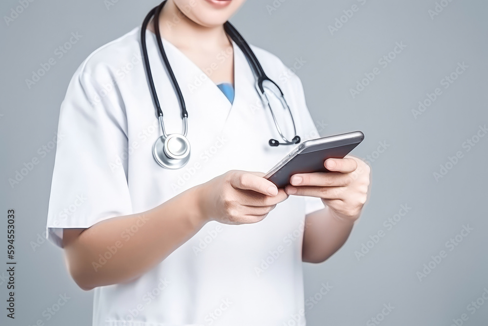Smart doctor holding smartphone computer with hand wearing white lab coat and scientific tools. Generative AI. Smart doctor holding smartphone computer with hand wearing white lab coat and scientific tools. Generative AI.