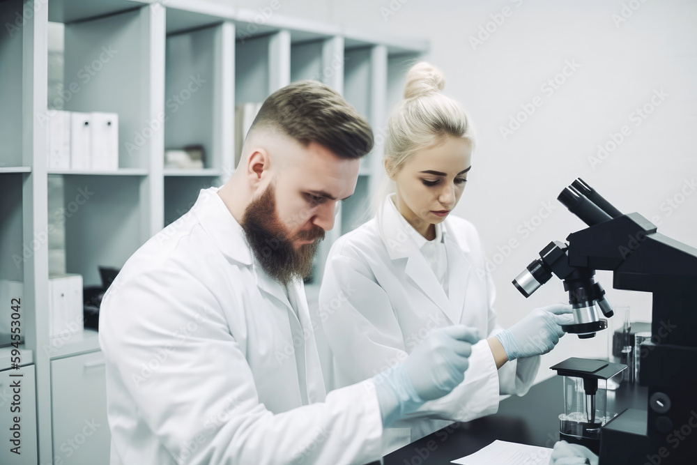 Professional smart woman and man working in the laboratory looking at samples through microscope. Doing analysis and working. Generative AI. Professional smart woman and man working in the laboratory looking at samples through microscope. Doing analysis and working. Generative AI.