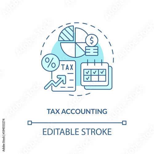 Tax accounting turquoise concept icon. Regular payments. Taxation. Tracking spending abstract idea thin line illustration. Isolated outline drawing. Editable stroke. Arial, Myriad Pro-Bold fonts used