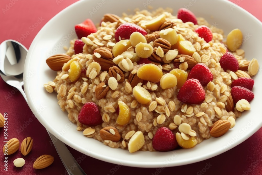 Homemade oatmeal with berries and nuts, rasty and healthy food, generative ai, solid background with copyspace Homemade oatmeal with berries and nuts, rasty and healthy food, generative ai, solid background with copyspace