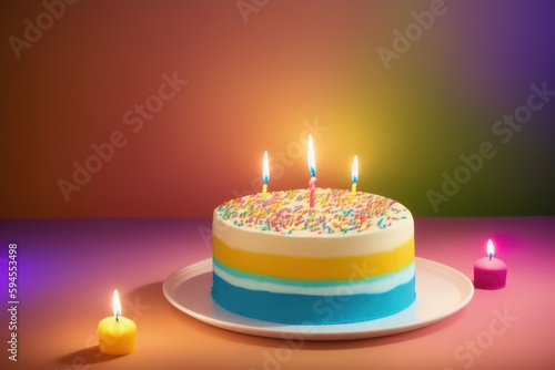 Birthday cake with colorful candles and sprinkles, generative ai, on table with copyspace, holiday party