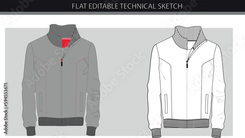 Long sleeve jacket with zipper outlined cut and sew  vector flat sketch template 