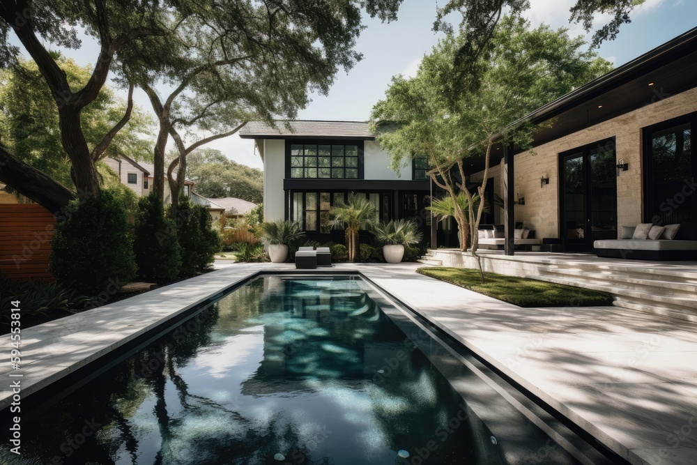 Picture of luxury home with pool and water features, surrounded by lush greenery ...