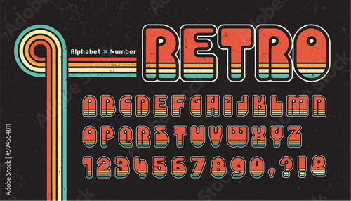 60's, 70's retro lines alphabet letter and number. Seventies nostalgia typographic design. Vintage hippie font or typeface for title, headline, poster, banner, graphic layout, etc.