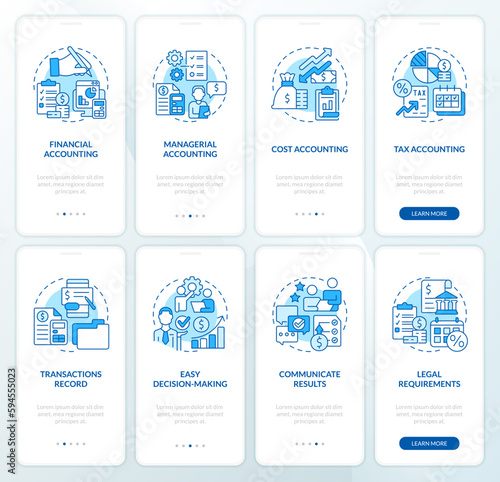 Accounting blue onboarding mobile app screen set. Types, importance walkthrough 4 steps editable graphic instructions with linear concepts. UI, UX, GUI template. Myriad Pro-Bold, Regular fonts used