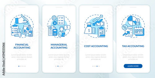 Financial accounting blue onboarding mobile app screen. Walkthrough 4 steps editable graphic instructions with linear concepts. UI, UX, GUI template. Myriad Pro-Bold, Regular fonts used