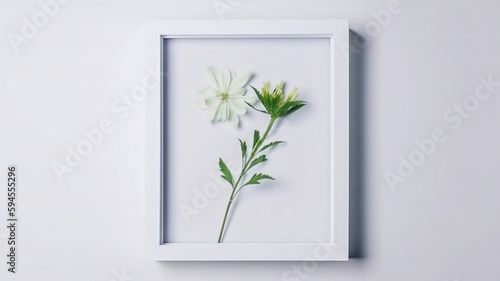 Mockup of picture frame decorated with spring flowers clean space for text on white background © Wanda