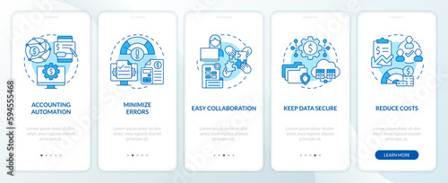 Accounting software benefits blue onboarding mobile app screen. Walkthrough 5 steps editable graphic instructions with linear concepts. UI, UX, GUI template. Myriad Pro-Bold, Regular fonts used