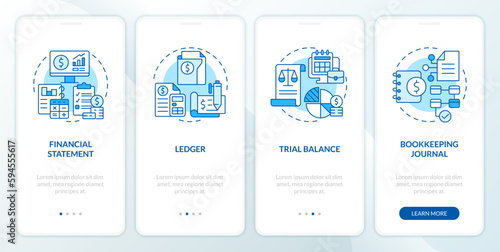 Bookkeeping elements blue onboarding mobile app screen. Walkthrough 4 steps editable graphic instructions with linear concepts. UI, UX, GUI template. Myriad Pro-Bold, Regular fonts used