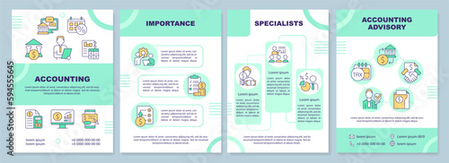 Accounting turquoise brochure template. Advisory service. Leaflet design with linear icons. Editable 4 vector layouts for presentation, annual reports. Arial-Black, Myriad Pro-Regular fonts used
