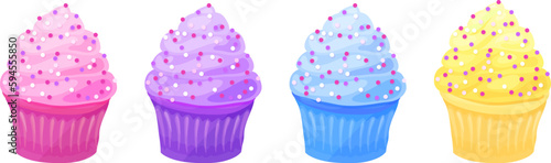 Four pastel colored cupcakes in pink, purple, blue, and yellow, with sprinkles. Isolated vector illustrations.