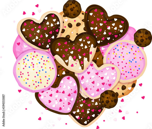 Pile of Valentine's Day-themed chocolate and sugar frosted cookies with sprinkles scattered around. Isolated vector illustration.