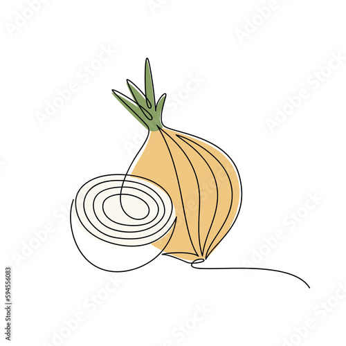 Cut yellow onion vector. Line continuous hand drawn illustration. Vegetable outline icon. Garden plant. Minimal linear silhouette. Graphic design, print, banner, card, brochure, cartoon sign, doodle.