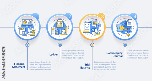 Bookkeeping elements blue circle infographic template. Finacial records. Data visualization with 4 steps. Editabe timeline info chart. Workflow layout with line icons. Lato-Bold, Regular fonts used