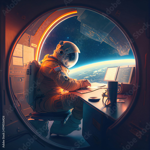 A astronaut solving data with computer inside of a rocket outside on earth made with Generative AI photo