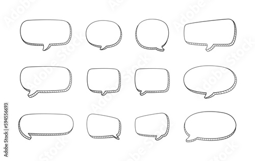 Collection set of hand drawn 3D blank speech bubble balloon, think, speak, talk, text box banner, black and white color, flat design vector illustration