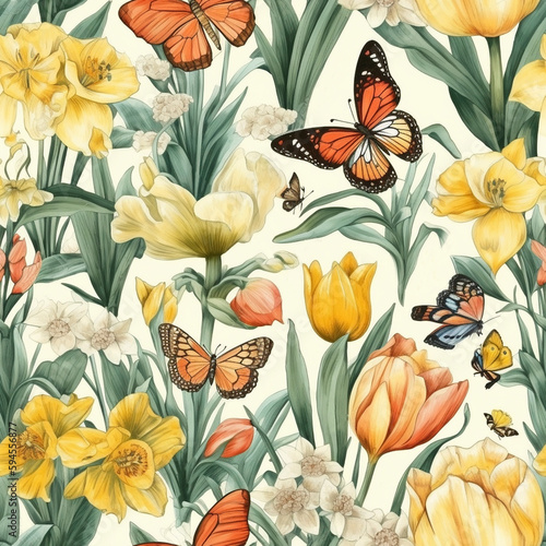 Beautiful elegant flowers and butterflies seamless pattern  created with generative AI