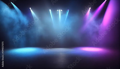 Empty scene with blue purple neon stage spotlight Ai generated image