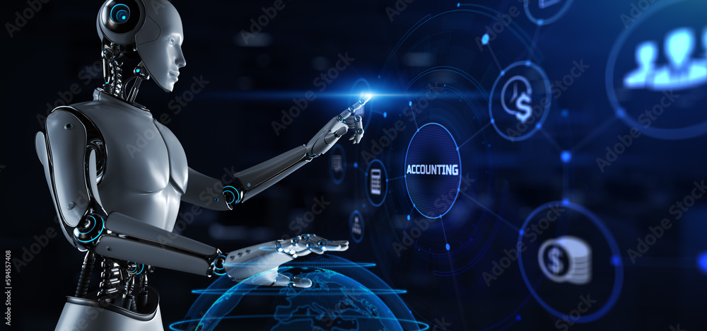 Accounting business process automation RPA concept. Robot pressing button on screen 3d render.
