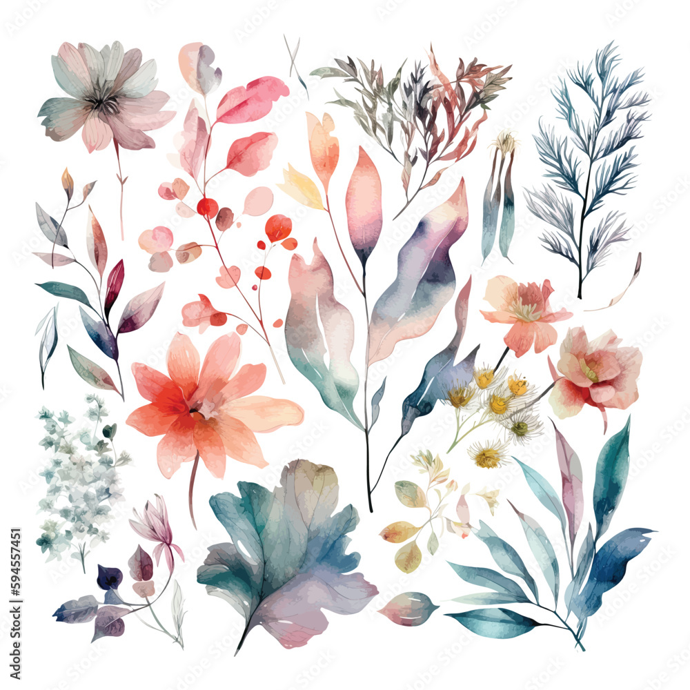 Set of watercolor flowers leaves and twigs on a white background Set of watercolor flowers leaves and twigs on a white background