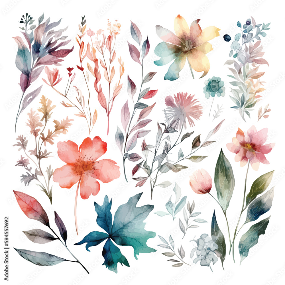 Set of watercolor flowers leaves and twigs on a white background Set of watercolor flowers leaves and twigs on a white background