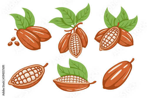 Set of cocoa beans isolated on white background. Logo template. Cacao bod. elements. Vector illustration