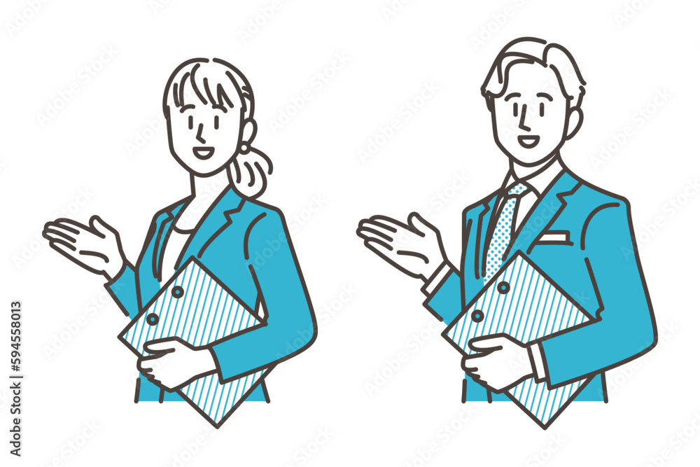 Male and female businessperson making a proposal, explaining and introducing [Vector illustration].