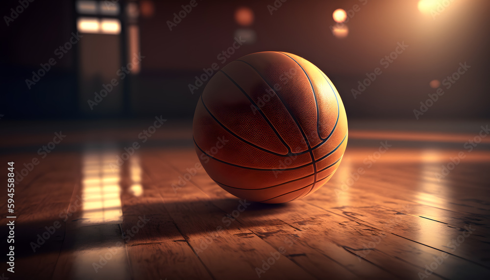 Banner sports tournament Basketball, ball on dark background court with sun light. Generation AI Banner sports tournament Basketball, ball on dark background court with sun light. Generation AI