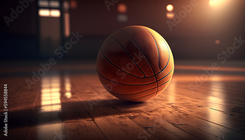 Banner sports tournament Basketball, ball on dark background court with sun light. Generation AI © Adin
