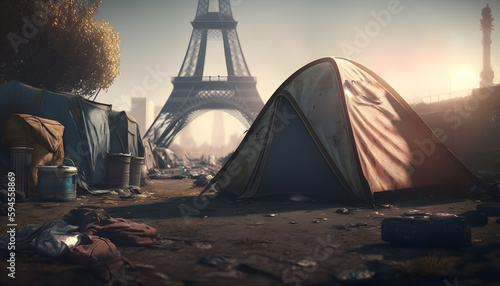 Refugee tent camp around Eiffel Tower in Paris city France  sun light. Concept of illegal immigrant of people to Europe. Generation AI