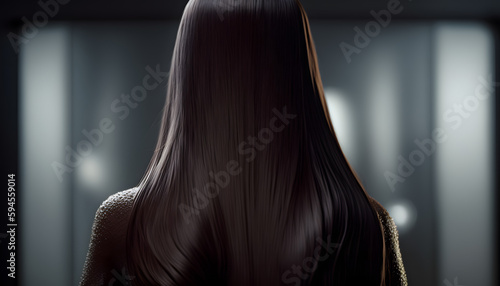 Back view healthy Long hair of beautiful brunette woman. Generation AI