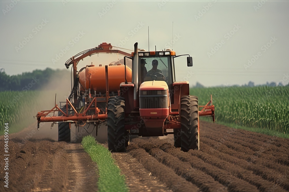 Fototapeta premium A plantation field with a tractor and Glyphosate irrigation, chemical products in agriculture. Pesticides on plantantion field at sunset. Generative AI Technology.