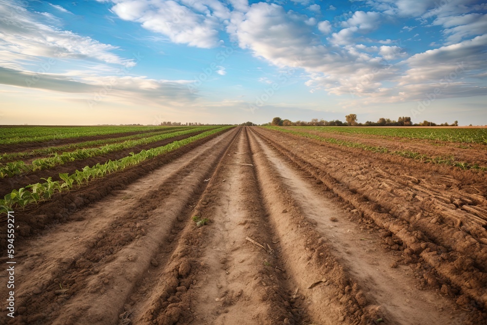 A plantation field with a tractor and Glyphosate irrigation, chemical products in agriculture. Pesticides on plantantion field at sunset. Generative AI Technology.