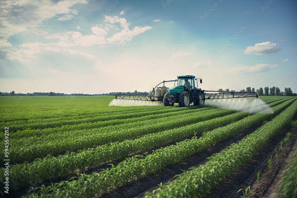 A plantation field with a tractor and Glyphosate irrigation, chemical products in agriculture. Pesticides on plantantion field at sunset. Generative AI Technology. A plantation field with a tractor and Glyphosate irrigation, chemical products in agriculture. Pesticides on plantantion field at sunset. Generative AI Technology.