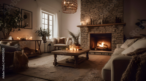 A cozy interior scene of a living room with a crackling fireplace.