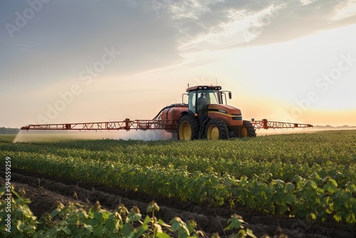 A plantation field with a tractor and Glyphosate irrigation, chemical products in agriculture. Pesticides on plantantion field at sunset. Generative AI Technology.