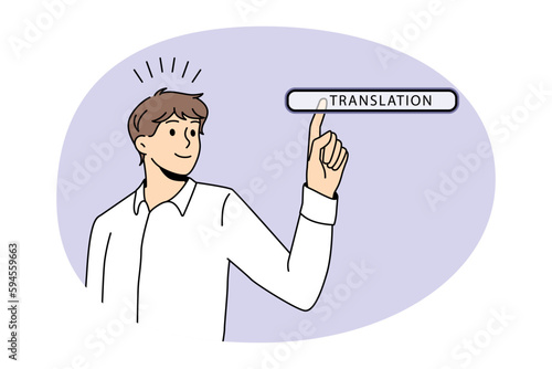 Translation online technologies button concept. Young man worker choosing translation in search bar on virtual screen language transcription internet networking vector illustration