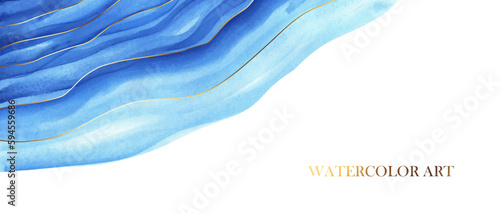 Horizontal background with blue waves and golden lines. Abstract sea, ocean view. Elegant, chic backdrop, cover, card, invitation, business style design.
