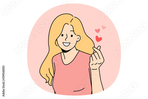 Expressing love and romance concept. Young positive girl feeling love and care in fingers and hands over pink air background vector illustration