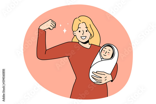 Superhero mother and strength concept. Young smiling woman mother standing holding newborn infant baby in hands showing strong arm vector illustration