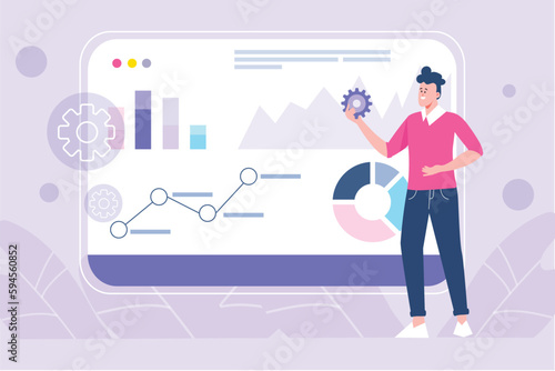Data analysis violet concept with people scene in the flat cartoon style. Data analyst reviews data tables and charts. Vector illustration.