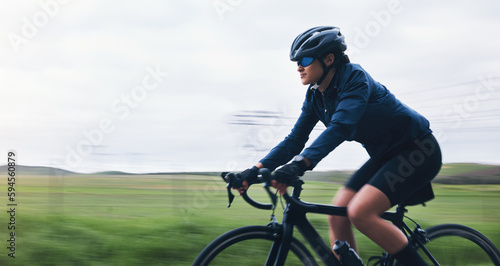 Bicycle, exercise and woman cyclist ride outdoors for fitness, training and workout for wellness and health. Mockup, bike and female person riding as challenge, travel and cycling for cardio