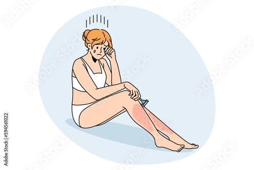 Skin problems after shaving concept. Young crying female sitting with red sore legs having problems with shaving vector illustration