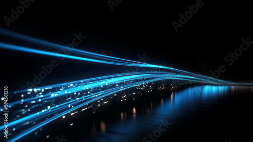 Abstract stylish light trail on black background. Blue glowing neon lines effect illustration. generative AI.
