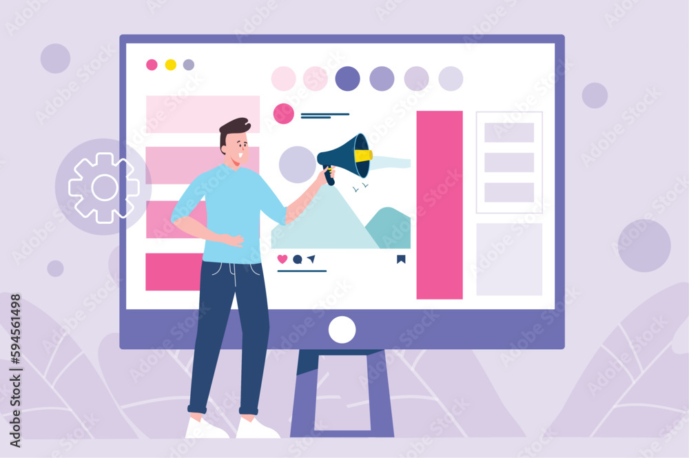 Fototapeta premium Social marketing violet concept with people scene in the flat cartoon design. Marketer distributes social advertising on the Internet. Vector illustration.